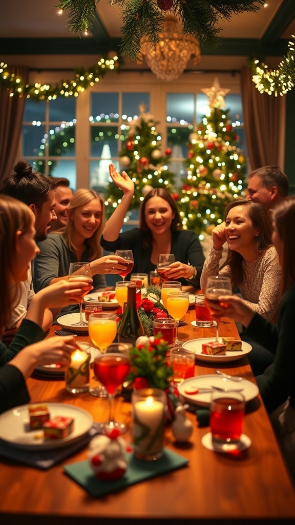 Friends enjoying Christmas drinking games at a festive party.